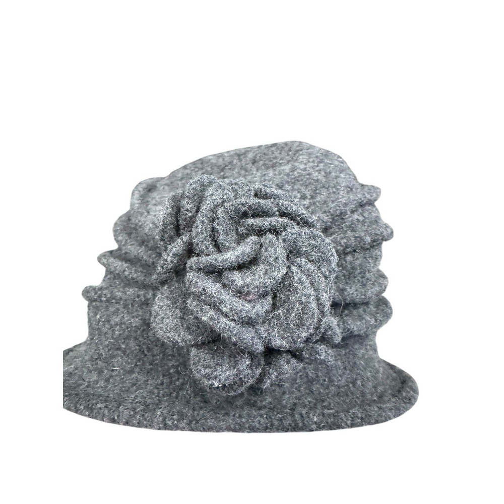 Scala Womens Gray Wool Felt Cloche Hat Handmade Flower Rosette Vintage Style